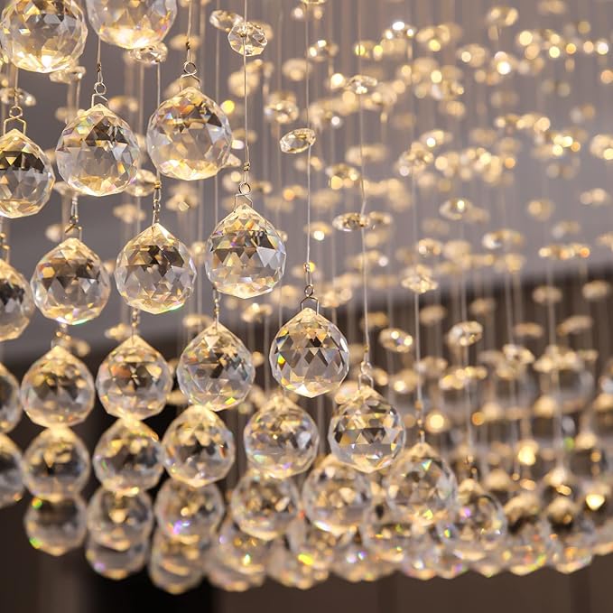 Siljoy Modern Crystal Chandelier, 12-Light Luxury Large Rectangle Wave Raindrop Chandelier, Rectangular Flush Mount Crystal Ceiling Light for Dining Room Kitchen Island L47'' x W11.8'' x H40''