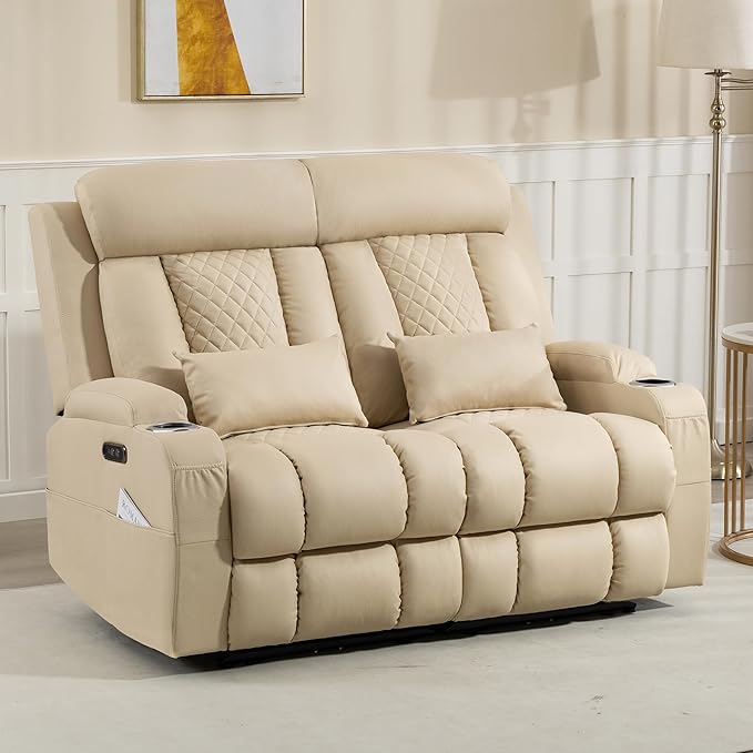 Zero Wall Hugger Power Reclining Loveseat with Adjustable Headrest, Power Loveseat Recliner Sofa with USB&Type-C Ports, Wall Hugger Loveseat Recliner for Living Room(Beige, 2 Seater)