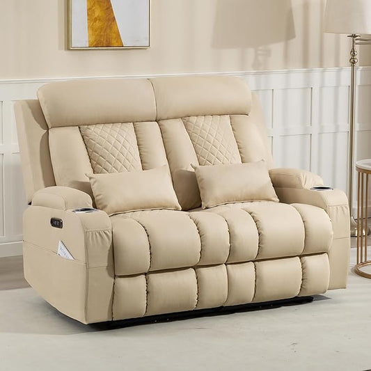 Zero Wall Hugger Power Reclining Loveseat with Adjustable Headrest, Power Loveseat Recliner Sofa with USB&Type-C Ports, Wall Hugger Loveseat Recliner for Living Room(Beige, 2 Seater)