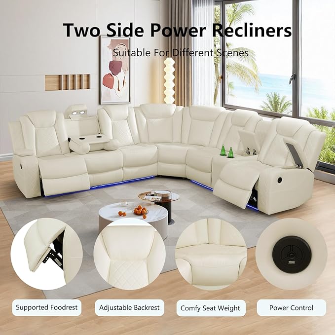 Power Recliner Sectional Couch with LED, Leather Reclining Sofa for Living Room, Muti-Functional Recliner Corner Sofa with Storage Console/Cup Holders/USB Ports (Creamy White, SECTIONAL)