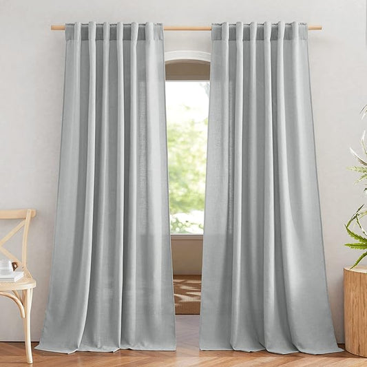 NICETOWN Linen Light Gray Curtains for Living Room, Rod Pocket & Back Tab Top Flax Linen Blend Semi Sheer Eclectic Drapes Privacy with Light Filtering for Kids Room, W52 x L84, 2 Pieces