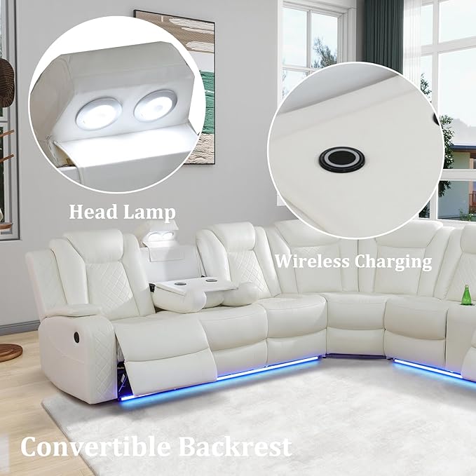 Power Reclinier Sectional Sofa Set,White Leather Reclining Sectional Modular Sofa Set with Chair,L Shaped Leather Couch with LED Light for Living Room/House/Apartment/Lounge(L+Chair)