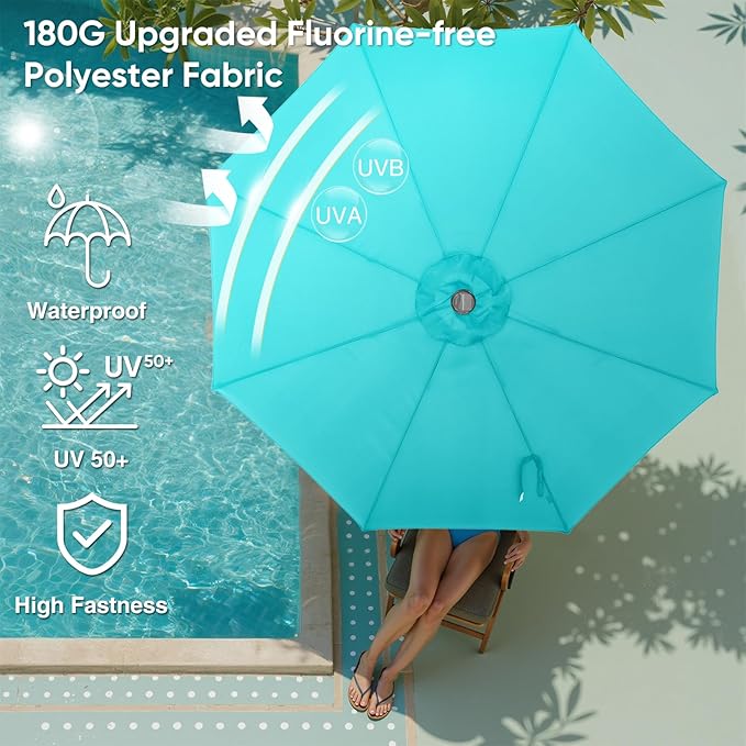 DUMOS 10 FT Outdoor Patio Umbrella with 32 LED Lights, UV-Resistant Outdoor Table Umbrella with Tilt and Crank for Backyard, Deck, Garden and Beach, Blue