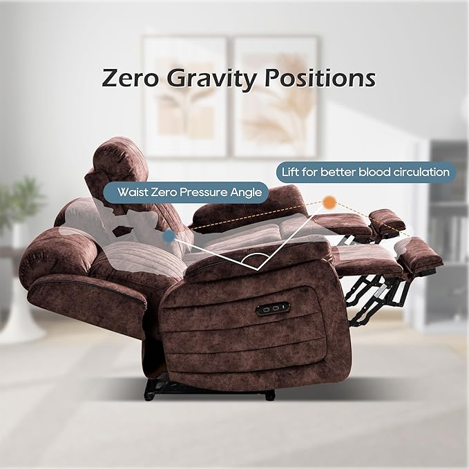 Zero Gravity Power Reclining Sofa with Adjustable Headrest, Electric Reclining Couch with Wireless Charge, USB Ports, Power 3-Seater Recliner Sofa with Drop Down Table, Outlet (Brown)