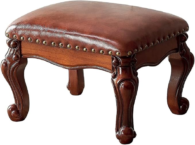 LKZ Foot Stool Microfiber Leather Ottoman Wooden Shoe Stool Small Sofa Stool Footrest Stool for Living Room Bedroom (Red-Brown)