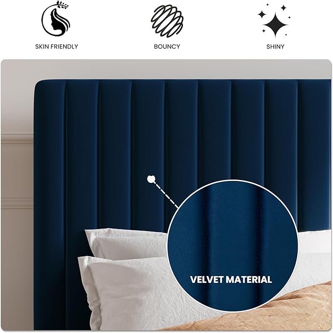SHA CERLIN Queen Upholstered Platform Bed Frame with Vertical Channel Tufted Velvet Fabric Adjustable Headboard, Wooden Slats Support, Mattress Foundation, Box Spring Optional, Blue