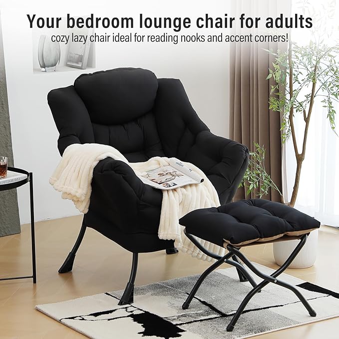 Lazy Chair with Ottoman, Modern Chair with Folding Footrest, Black Accent Chair, Comfortable Reading Chair, Oversized Armchairs for Bedroom, Study, Living Room, Courtyard