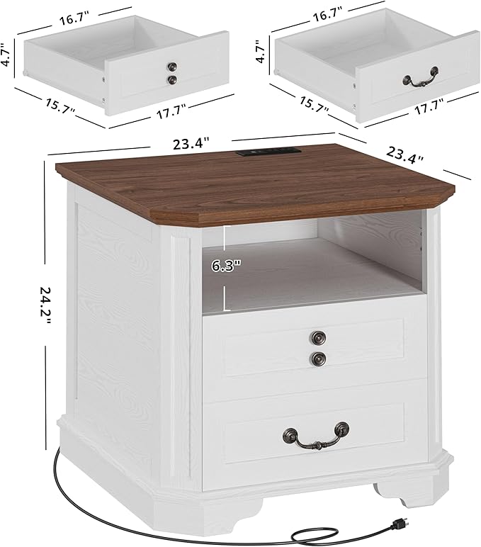 IRONCK Night Stand 23.4" Farmhouse End Table with Charging Station, Large Sofa Side Table with 2 Drawers, for Bedroom, White