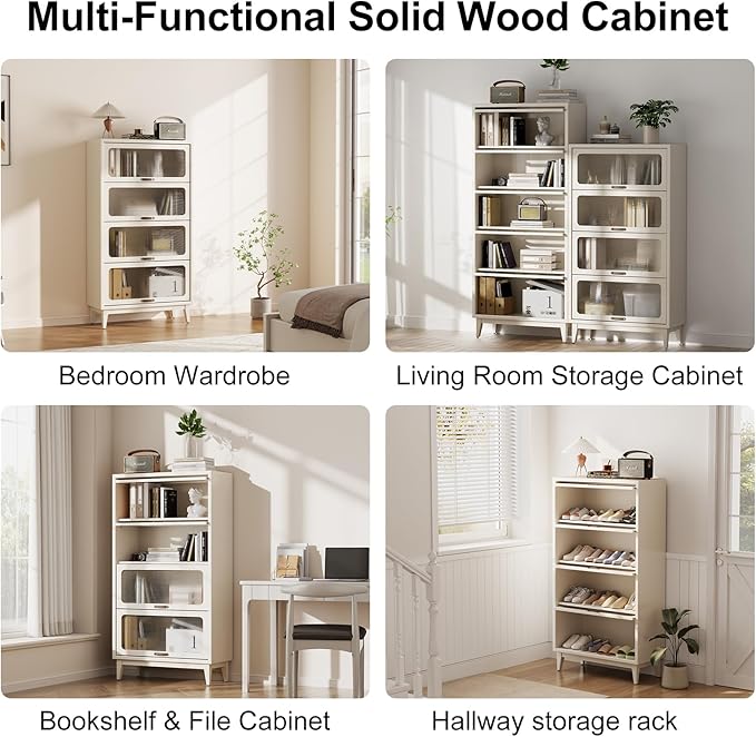 60'H Solid Wood Bookcase,4 Tier Tall Black Book case with Doors, Display Cabinet Storage Shelves for Collectibles, Living Room Bedroom Home Office Kitchen