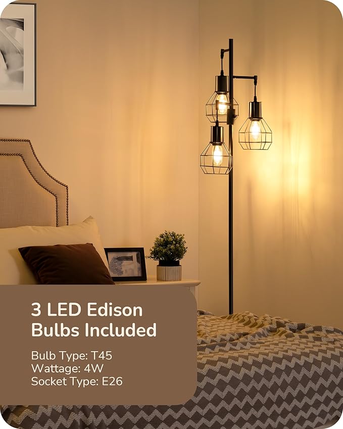 EDISHINE Dimmable Farmhouse Floor Lamp, Industrial Standing Lamp for Living Room, 3 LED Edison Bulbs Included, Black Corner Rustic Tall Tree Reading Lamps Home Decor for Bedroom, Office