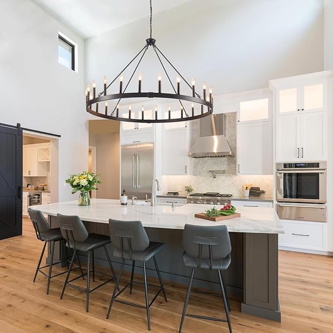 24-Light Black Wagon Wheel Chandelier Farmhouse, 48" Extra Large Chandeliers for High Ceilings, Round Matte Black Chandeliers for Dining Room, Kitchen Island, Foyer, Living Room, Entrance
