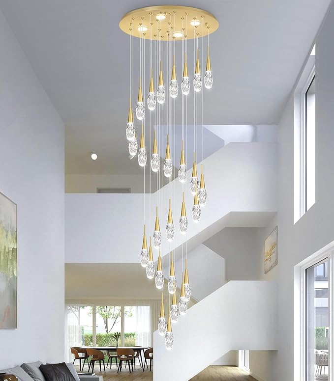 28-Lights 177 Inches Modern Chandelier LED Light Fixtures High Ceiling Long Light Chandelier for Entrance Foyer Dimmable Lights with Remote Living Room Ceiling Pendant Lighting Drop Lights Shine Gold