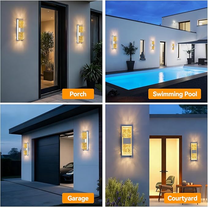 Dusk to Dawn Outdoor Lighting,Exterior Lighting Fixtures IP65 Waterproof Porch Lights Outdoor 12W LED Crystal Modern Outside Wall Sconce for Porch Hallway Doorway Patio,14.2'' White&Gold 2PCS