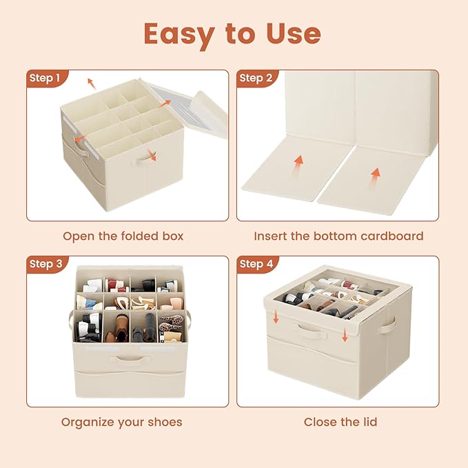 PHINOX Shoe Organizer for Closet, Fits 12-24 Pairs, Shoe Storage Bins with Clear Cover and Reinforced Handles, Foldable Shoe Storage Organizer, Space Saving Shoe Holder for Wardrobe, 1 Pack Beige