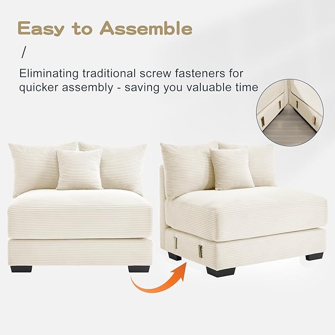 KEIKI 83" L-Shaped Oversized Corduroy Modular Sectional Loveseat Sofa with 1 Ottoman, High-Density Foam Cushion, Extra-Thick Armrest, 2-Seater Fluffy Corner Couch with 6 Pillow, for Living Room, Beige
