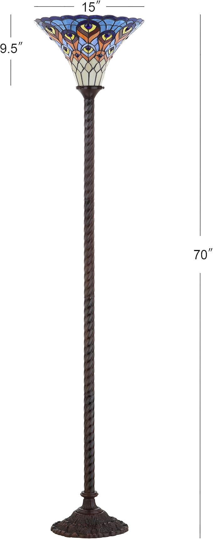 JONATHAN Y 70" Bronze Peacock Tiffany-Style Torchiere LED Floor Lamp, Traditional Stained Glass Standing Lamp for Living Room, Foot-Switch, UL Listed, LED Bulb Included JYL8006A