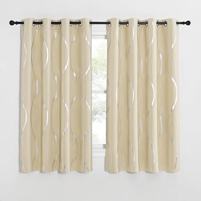 NICETOWN Bedroom Blackout Curtains Panels - Window Treatment Thermal Insulated Solid Grommet Blackout Wave Line Foil Print Design Curtains for Living Room (Biscotti Beige, Set of 2, 52 by 63 Inch)