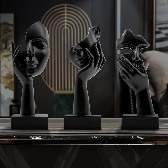 LXURY Figurine Statue for Bookshelf Decor, Thinker Statue for Office Decor, Modern Desktop Decorative Objects for Bedroom House Black Home Decor Sculpture 3PCS Thinking Surprise Listening