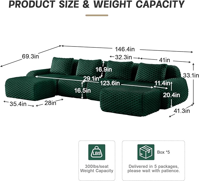 KEIKI 146" Oversized 4-Seater Boneless Couches for Living Room, Comfy Deep Seat Modular Sectional Velvet Sofa U-Shaped, Plush Cloud Cushion No Assembly Lounge Couch, Modern Comfort Design, Green