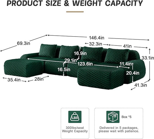 KEIKI 146" Oversized 4-Seater Boneless Couches for Living Room, Comfy Deep Seat Modular Sectional Velvet Sofa U-Shaped, Plush Cloud Cushion No Assembly Lounge Couch, Modern Comfort Design, Green