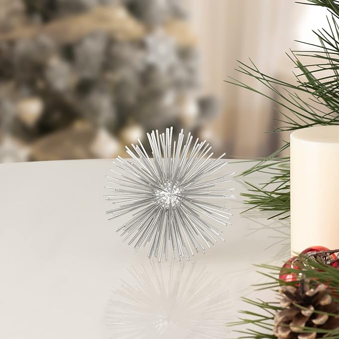 Torre & Tagus Spike Ball Silver Sphere Decor, Mid Century Modern Metal Silver Starburst for Home Decor On Shelf, Coffee Table, Wedding or Handmade Gift (4")
