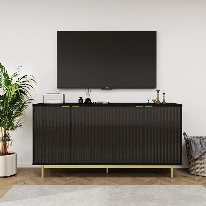 MUUEGM Sideboard Buffet Cabinet with Storage, 58" Large Kitchen Storage Cabinet with Shelves and 4 Fluted Doors, Modern Console Table for Kitchen, Dining Room, Hallway(Black)