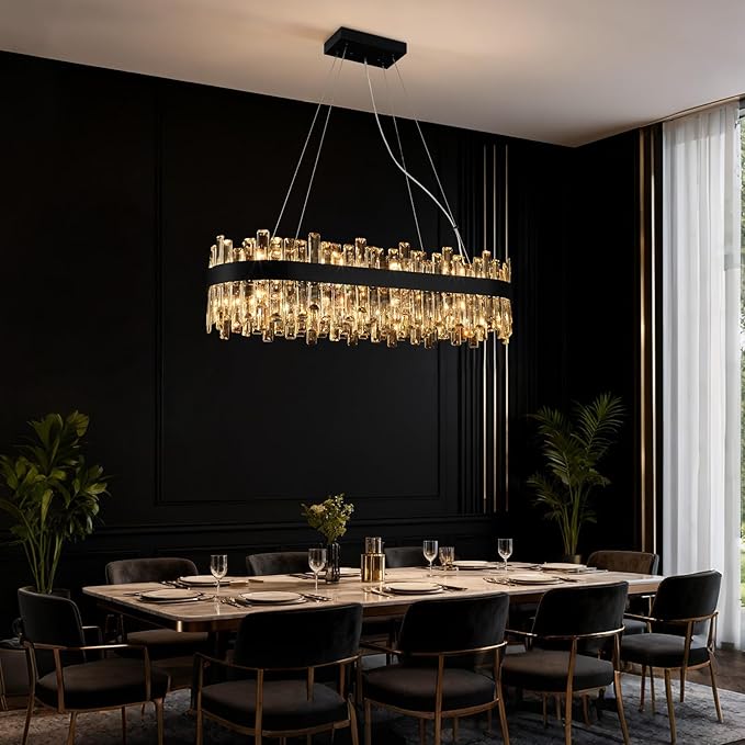 Black Crystal Chandeliers for Dining Room, 20 Lights Modern Oval Chandelier for Lining Room, Rectangular Crystal Pendant Light Fixture for Kitchen Island Bar L36 Inch