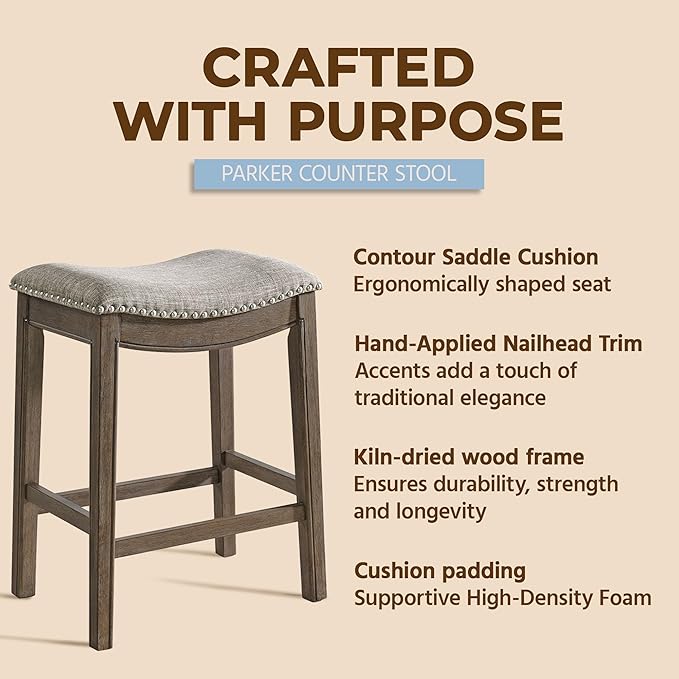 ROME + OAK Set of 2 Parker 26 Inch Counter Stool, Backless Saddle Kitchen Barstool in Walnut Finish with Grey Fabric Upholstery Cushion Seat