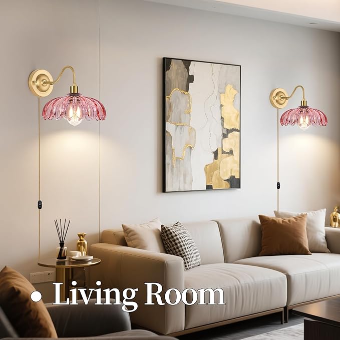 Vintage Plug in Wall Sconces Set of Two, Glass Wall Sconces Lamps with Flower Lampshade & Dimmable Plug in Cord, Dimmable Sconces Wall Decor Set of 2 Plug in Wall Lights Sconces for Bedroom