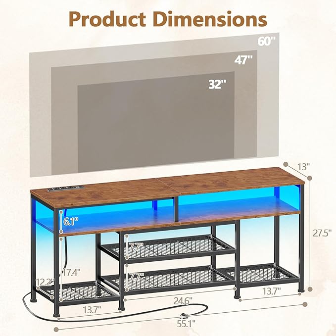 Furologee TV Stand with Power Outlets and LED Lights, 55 Inch Entertainment Center for 55 60 Inch TVs, Media Console Table with Open Shelves, for Bedroom, Living Room, Rustic Brown