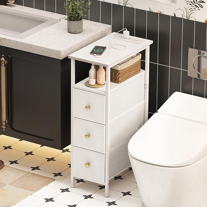 Fixwal Small Nightstand Narrow White Dresser with Charging Station, Skinny Nightstand with 3 Fabric Drawers, Dorm Silm Bedside Table for Small Spaces Bathroom, Bedroom, Laundry