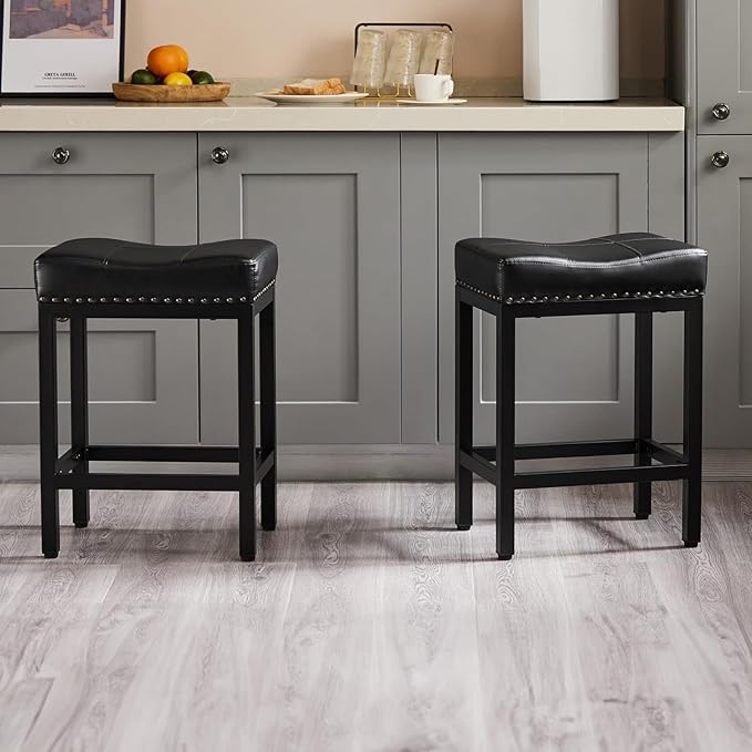 Bar Stools Set of 4, Upholstered Counter Height Stools with Padded Seats and Metal Base, Leather Saddle Stool for Modern Kitchen Island, 22.4-Inch, Black