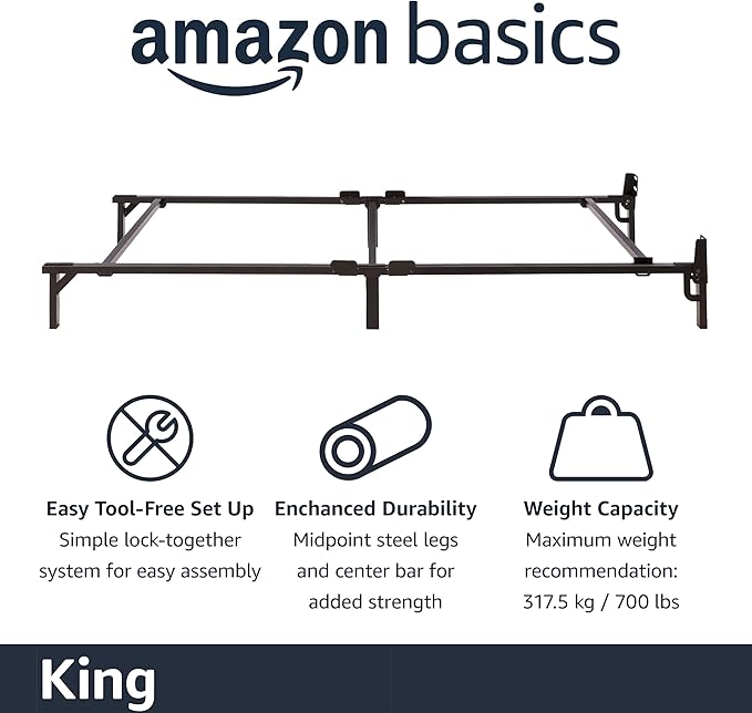 Amazon Basics Metal Bed Frame, 9-Leg Support Base for Box Spring and Mattress, King-Size, Tool-Free Easy Assembly, 79.6" x 76" x 7", Black