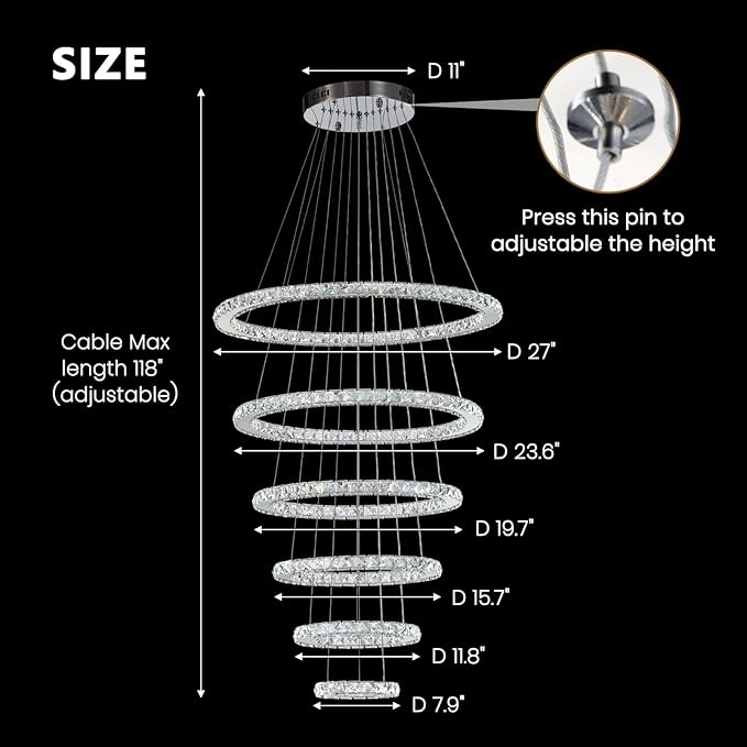 Modern Crystal Chandelier for High Ceiling Lights Fixtures Luxury 6 Ring Led Chandelier for Dining Room Big High Ceilings Foyer Chandeliers for Living Room Entryway Staircase, D8"-12"-16"-20"-24"-28"