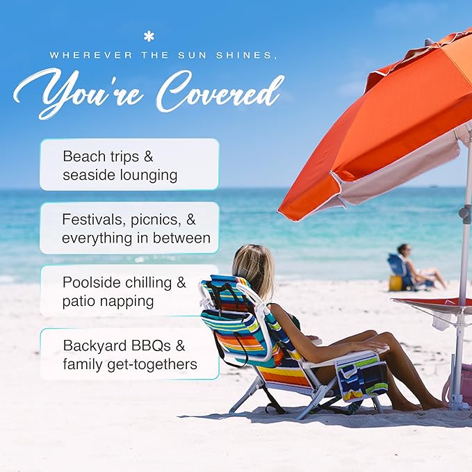 AMMSUN 7ft Heavy Duty High Wind Beach Umbrella with sand anchor Built-in Table Tray Vent Tilt Pole, UPF 50+ Windproof Portable Outdoor Umbrellas Carry Bag for Patio Garden Pool Backyard Red