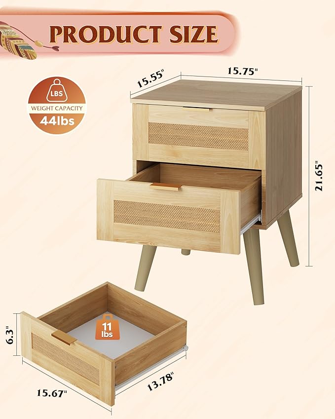 WLIVE Wooden Nightstands Set of 2, Rattan Night Stand with 2 Drawers, Boho Nightstand with Solid Legs, Bed Side Table for Bedroom, Living Room, Natural Oak