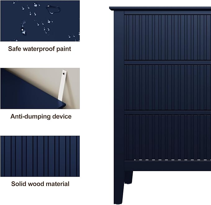 Large Blue Fluted 3 Drawer Dresser Set of 2, Chest of Drawers with Ball Bearing Slide Modern 30 inch Tall Wood Nightstand with Spacious Storage for Bedroom Hallway Living Room Entryway