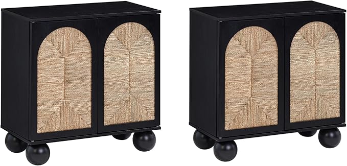 Nathan James Leah Boho TV Stand or Sideboard Cabinet for Kitchen or Living Room with Ball-Style Feet, Natural Seagrass Door Fronts and Solid Wood Legs, Black Set of 2