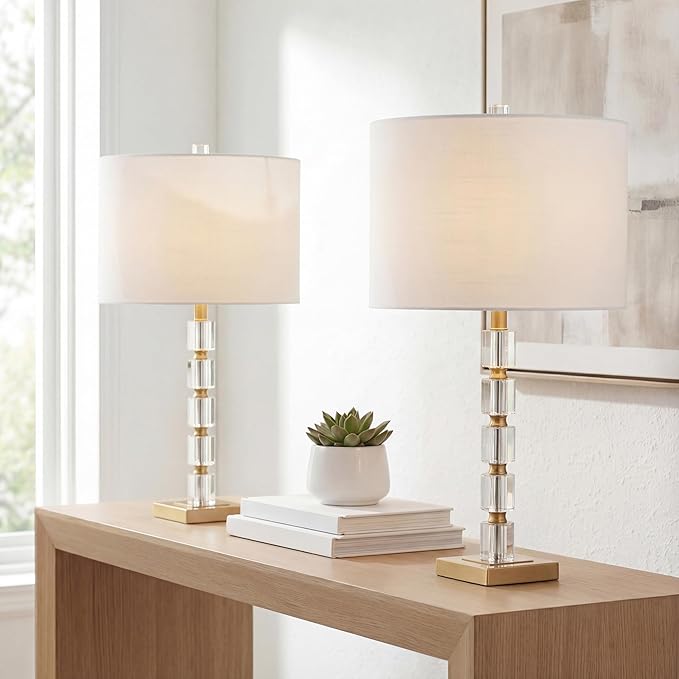 JONATHAN Y 28.5" Clear and Brass Gold Crystal Table Lamp Set of 2, Modern Glam Geometric Bedside Lamps for Living Room, White Linen Drum Shade, UL Listed, LED Bulbs Included JYL5001A-SET2