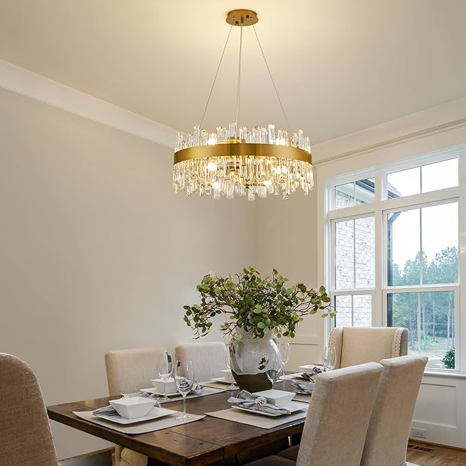CROSSIO Modern Crystal Chandelier for Dining Room, 12-Light Luxury Gold Flush Mount Crystal Ceiling Light 2-Tiers K9 Crystal Raindrop Chandelier for Living Room Kitchen Entryway Foyer D23.6''