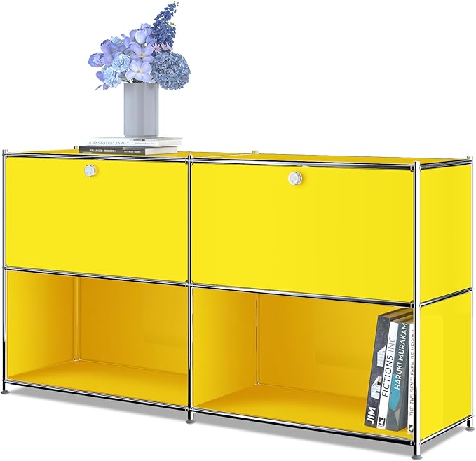 Metal Sideboard with 2 Flap Doors, DIY Modern Home Furnishing,Perfect for Home, Office, Kitchen, Hallway,Foyer Organization(Matt Yellow)