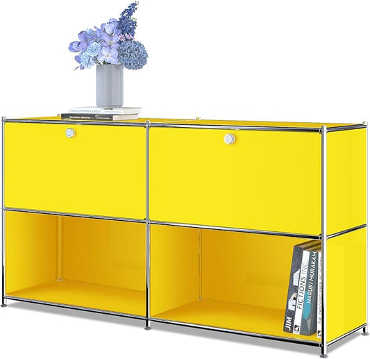 Metal Sideboard with 2 Flap Doors, DIY Modern Home Furnishing,Perfect for Home, Office, Kitchen, Hallway,Foyer Organization(Matt Yellow)