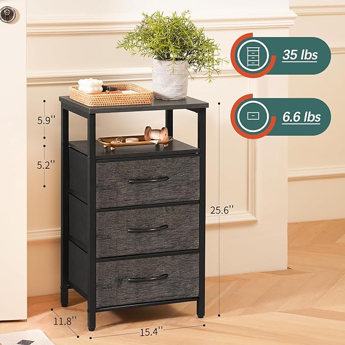 Yoobure Night Stand with Charging Station, 16 Colors LED Nightstand with USB Ports and Outlets, End Table with 3 Fabric Drawers and Storage Shelf, Bedside Tables Small Dresser for Small Space Gray