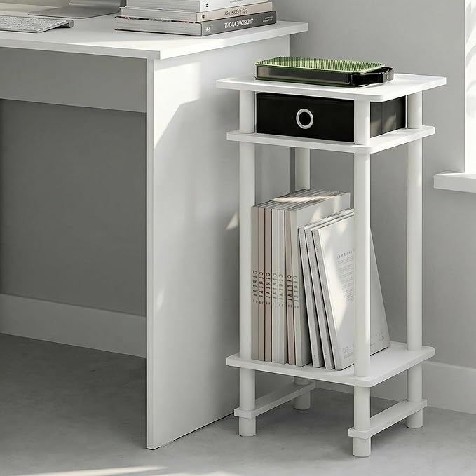Furinno Turn-N-Tube Side Table, 3-Tier Tall Narrow Modern End Table with Storage Bin, Open Shelf Night Stand, Bedside Table, Toolless Assembly, for Living Room, Bedroom, White