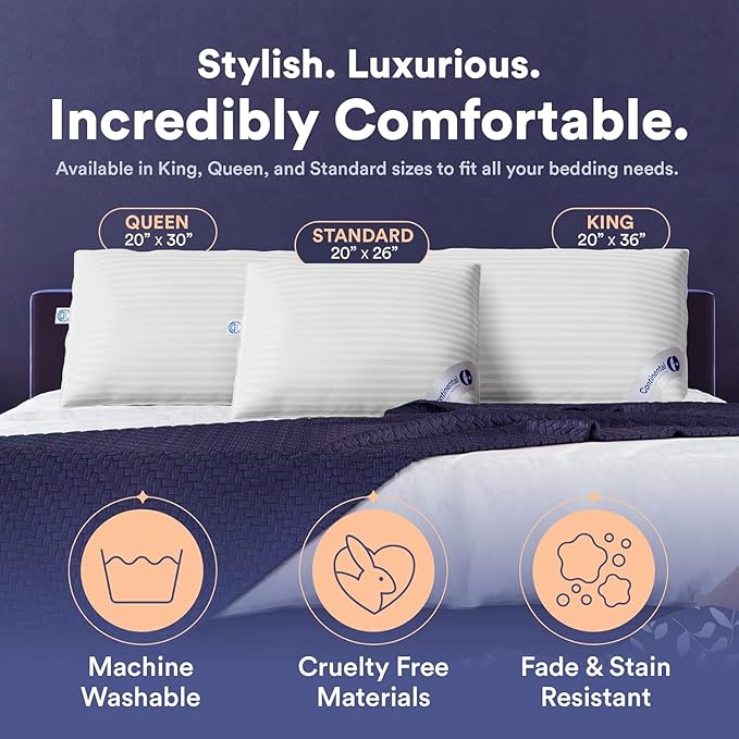 Continental Bedding | Serenity Goose Down Pillow | 700 Fill Power Hungarian White Down | 400TC Cotton Damask Shell | Made in USA | Queen, Medium with Protector