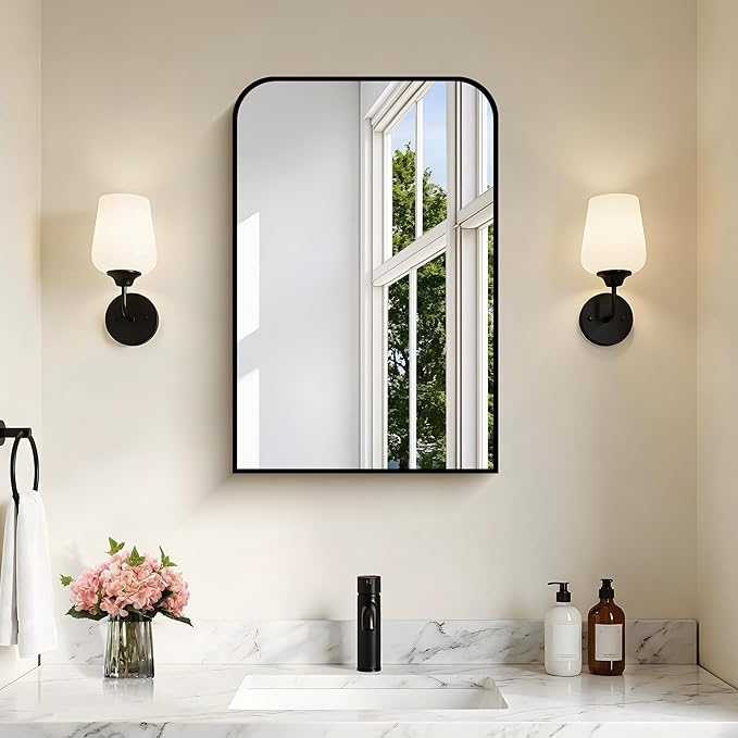 Bathroom Mirror, 16x24 inch Black Rectangle Wall Mounted Mirror with Thin Frame, Bathroom Vanity Mirrors for Over Sink, Entryway, Living Room, Bedroom