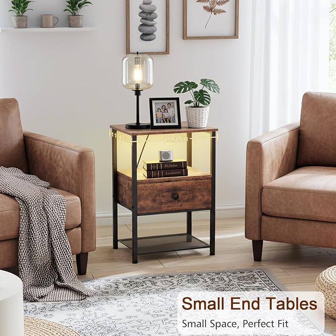 Night Stand Set 2, LED Nightstand with Charging Station, End Tables Living Room with Fabric Drawer for Small Spaces, Bed Side Tables with Storage Shelf for Bedroom, Rustic Brown, HETS01PQBR
