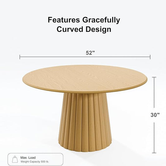 Casaphoria 52" Round Dining Table, Modern Wood Kitchen Table with Cone Shaped Strip Convex Base for Living Room & Dining Room, Easy Assembly Farmhouse Furniture for 4-6, Oak