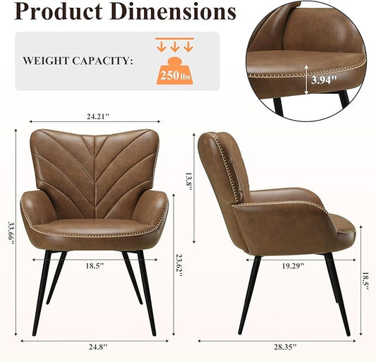Mid-Century Modern Faux Leather Accent Chair for Living Room, Upholstered Armchair with Curved Back, High-Density Cushion & Metal Legs, Lounge Chair for Bedroom/Reading Corner,Set of 2