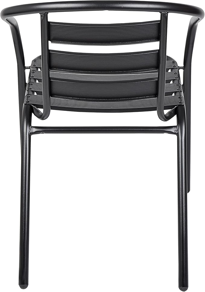 BTEXPERT Indoor Outdoor 28" Tempered Glass Trim Restaurant Aluminum Slat Stack Lightweight, 4 Metal Chairs with a Square Rattan Table, Black/Brown
